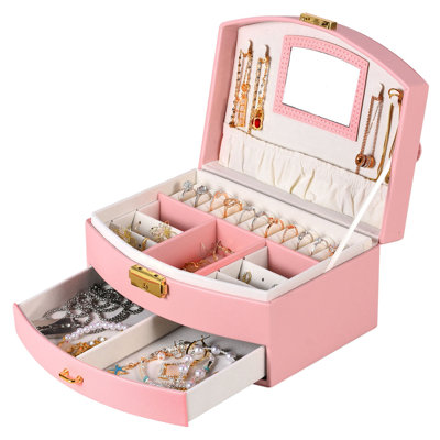 Boîte à bijoux à 2 couches pour femmes, filles, verrouillable, organisateur de bijoux en cuir, étui de voyage pour bagues, boucles d'oreilles, colliers, bracelets