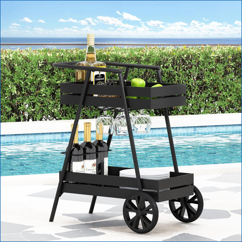 Chariot-bar, fer industriel moderne avec porte-bouteilles de vin et amp; Roues | Noir | Fer