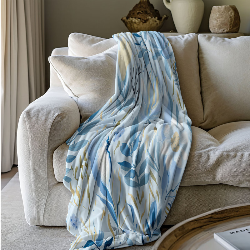 Fleurs azur - Couverture sherpa de qualité supérieure 1 pièce, Grand lit