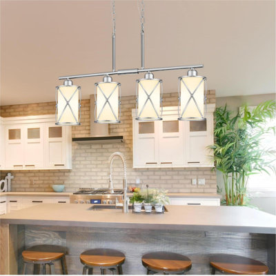 Éclairage d'îlot de cuisine 4 lumières, luminaires de salle à manger linéaires avec verre de lait, lustre industriel moderne pour îlot de cuisine ((nickel)