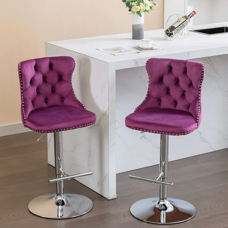 Adjustable Height Swivel Metal Pedestal Bar Stools with Footrest, Purple