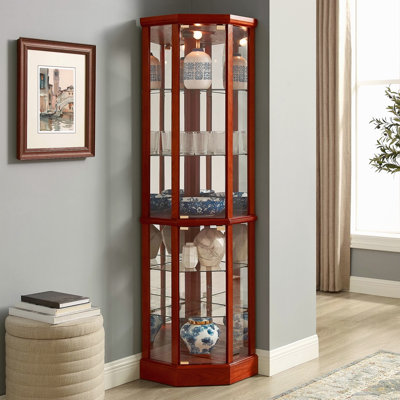 6 Shelf Lighted Corner Curio Cabinet with Adjustable Tempered Glass Shelves and Mirror Back(E26 light bulb not included)