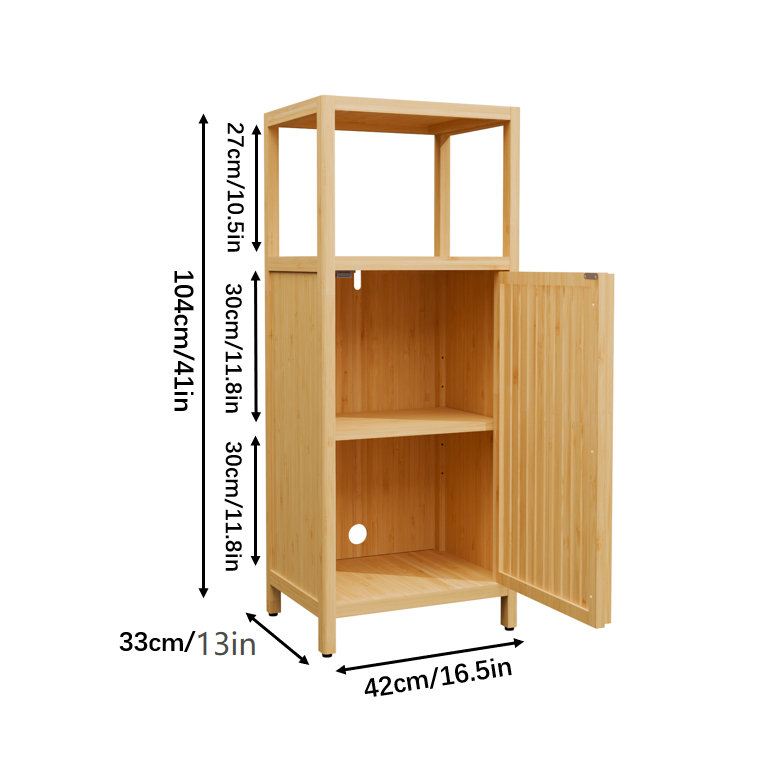 Armoire de rangement en bambou naturel de 41 po de hauteur avec porte simple et 2 tablettes ouvertes pour la salle de bain, petits espaces