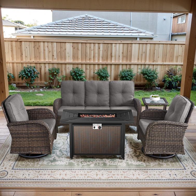 Aluel 5-Pieces Outdoor Wicker Patio Conversation Furniture Set with Rocking & Swivel Chairs and Rectangular Fire Pit Table with Windshield