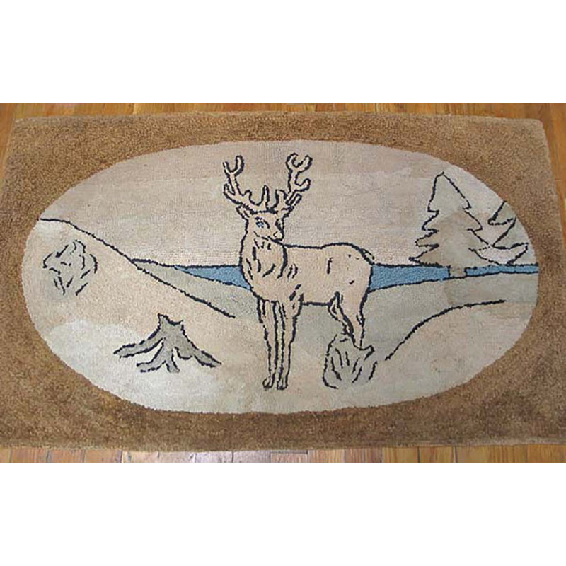1930s Ivory Beige Cream White American Hooked Antique Wool Floral Medallion Rug
