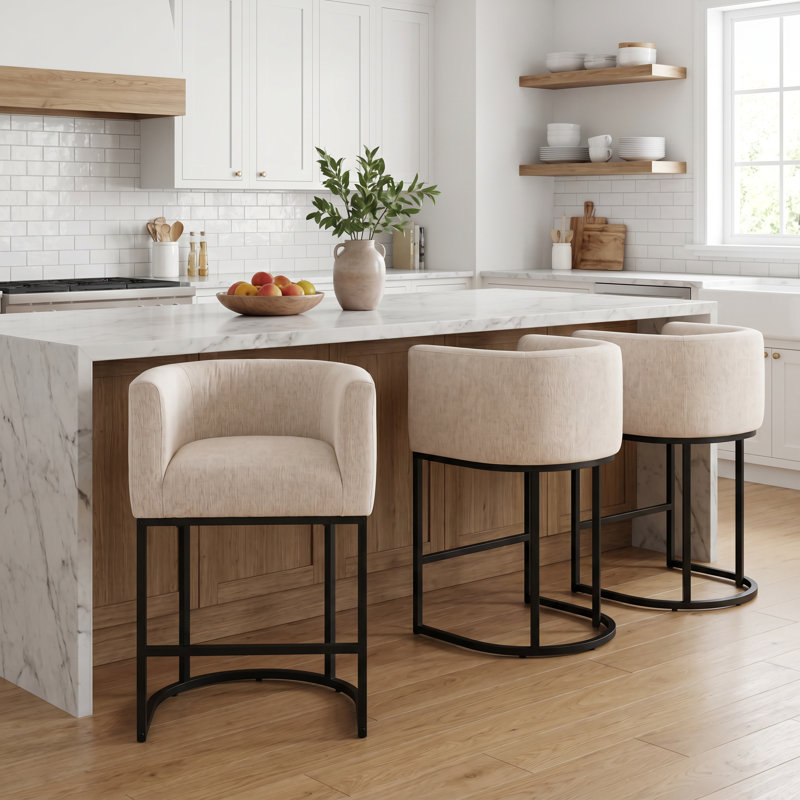 Modern Barrel Counter Stools With Backrest And Arms, Linen Fabric Upholstered Accent Barstools For Kitchen Island, 4, Beige