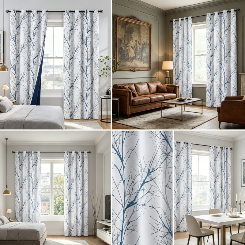 Elegant Blackout Thermal Eyelet Curtains, Blue/White Branch Print, 228cm Drop
