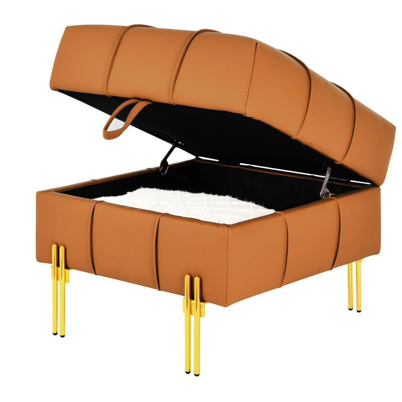 Orange 22 Inches Scratch Leather With Storage Function - Pet- Entryway Bench And Golden Stainless Steel Legs Space, Orange