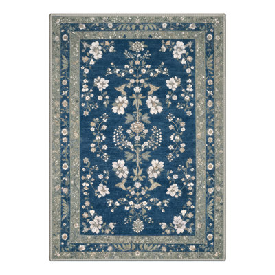 Tapis oriental bleu / vert lavable à la machine avec envers antidérapant