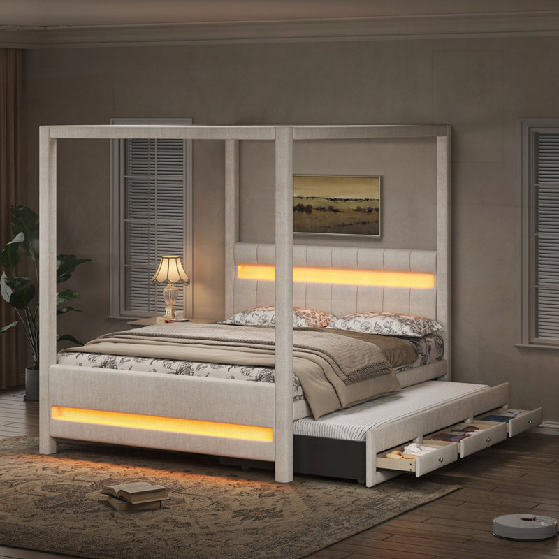 Lit plateforme tapissier à baldaquin avec lumières DEL, lit gigogne simple, 3 tiroirs de rangement, tête de lit