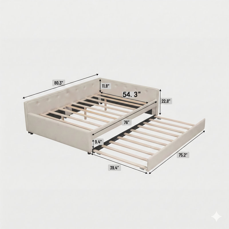 Lit plateforme tapissier pleine grandeur équipé de ports USB et comprenant un lit gigogne simple, en beige.