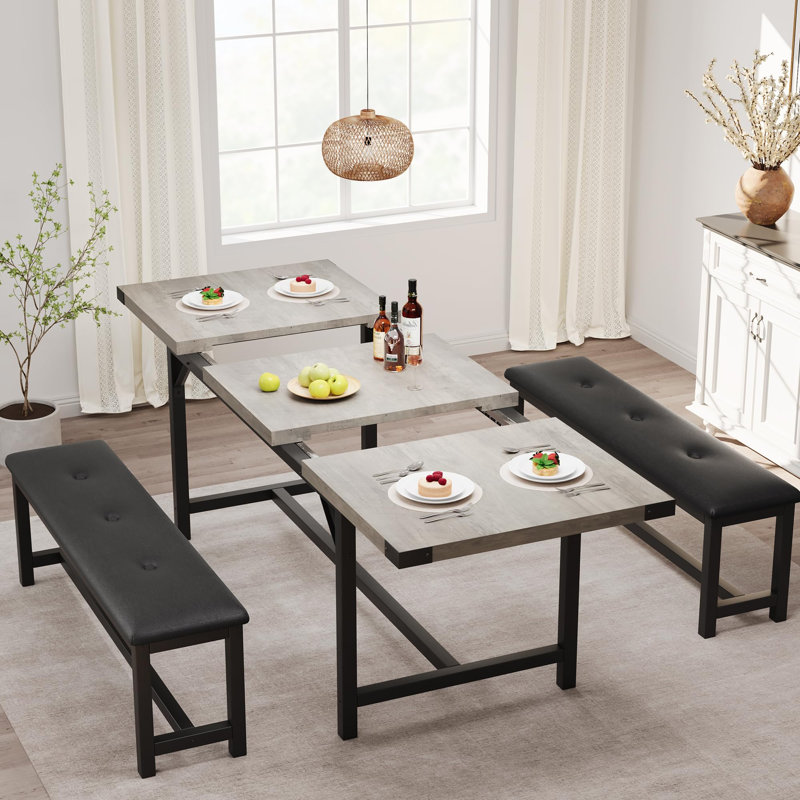 Dining Table Set for 4-6, 63" Extendable Wood Dining Room Table with Corner Protector & 2 Upholstered Benches, Kitchen Table Set for Apartment, Small Space, Easy Assembly