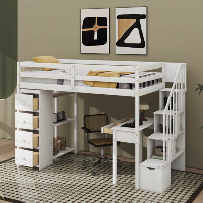 Lit mezzanine en bois avec tiroirs et tablettes