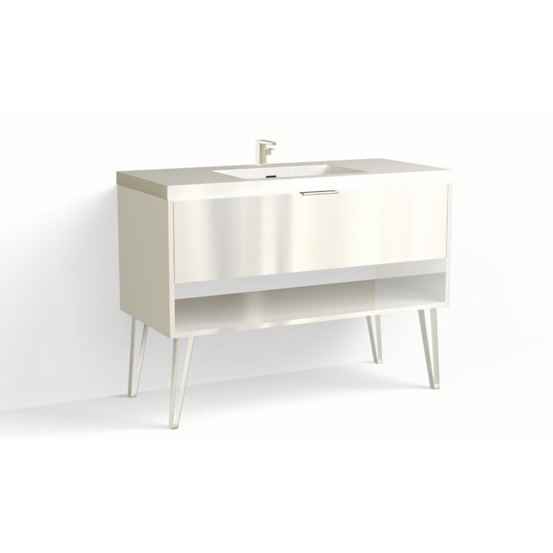 Modo 48" W Freestanding Single Bathroom Vanity with Dawson Leg, Polished Nickel, Gloss White/Single, White Acrylic