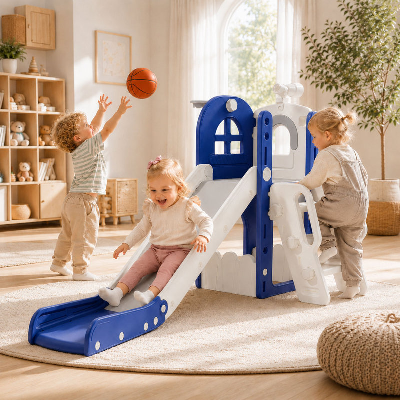 Ensemble de glissade pour tout-petits 6-en-1 avec panier de basketball et télescope pour enfants 1-3 Suteck, Blue/Gray