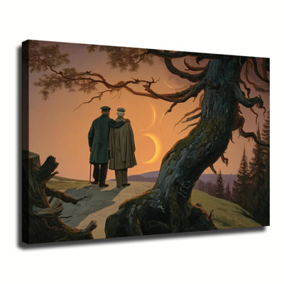 Deux vieux messieurs regardant un croissant de lune sous un arbre antique, peinture à l'huile sur toile tendue pour grand salon, chambre à coucher