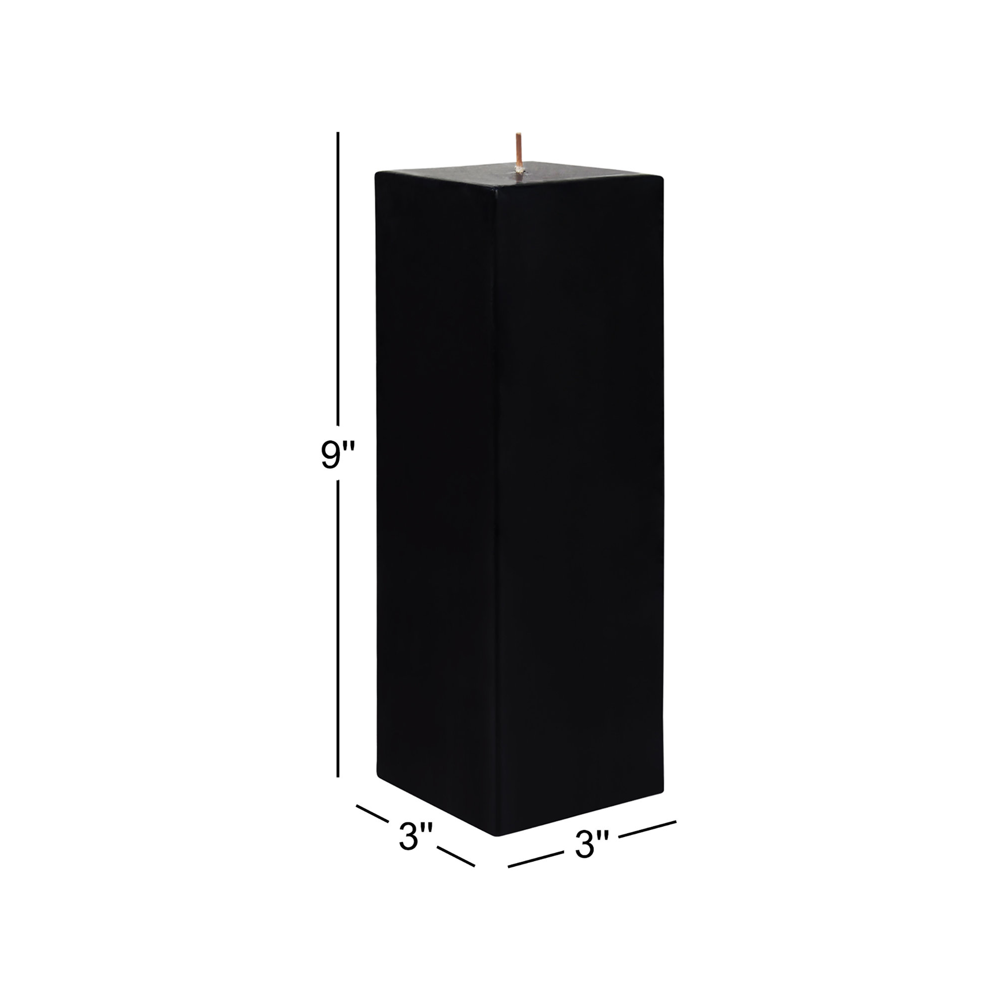 Square Pillar Candle, Set of 12, Black, 9" H x 3" W x 3" D