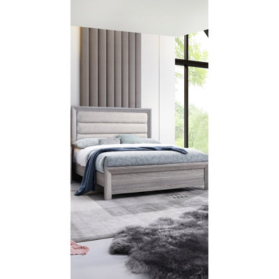 Queen Panel Bed In Contemporary Design, Driftwood Finish And Channel Upholstered Headboard For Bedroom With Finish, Design Decor Sophistication
