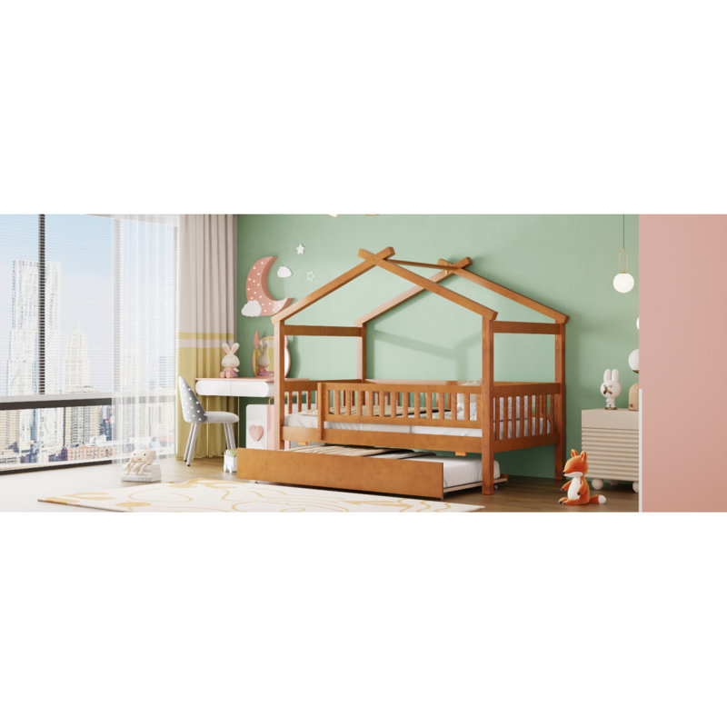 Lit simple en bois avec lit gigogne simple, Noyer