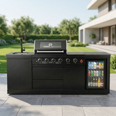 85" W 4-Burner 85000 Btu Gas Grill Island With Outdoor Rated Refrigerator And Sink And Granite Countertop In Stainless Steel