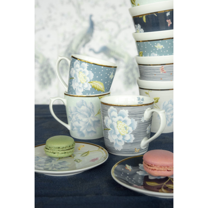 Set of 4 Mint Floral Ceramic 17 oz Mugs