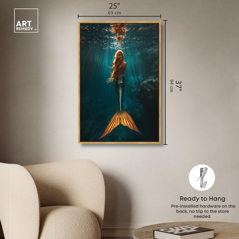 «Mermaid Day» par Art Remedy, H 37 po x l 25 po, Cadre flottant, Or