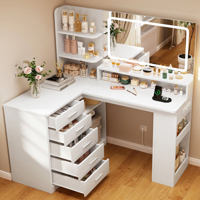 Dressing Table With Led Lighted Mirror, 5 Drawers, 3 Open Shelves, Vanity With 5 Side Storage Spaces, Corner Makeup Vanity With Power Outlets, Bedroom, White 