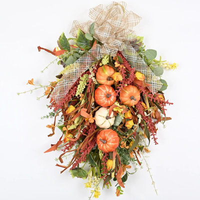 Artificial Pumpkin Berry Fall Autumn Harvest Front Door Swag For Thanksgiving Day With Bow