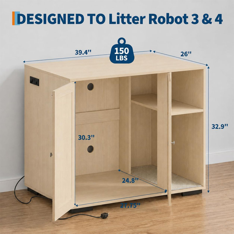 Grand bac à litière avec prise de courant, armoire pour chat avec tablette anti-chien et tapis à gratter, table de bout dissimulée pour la plupart des bacs à litière