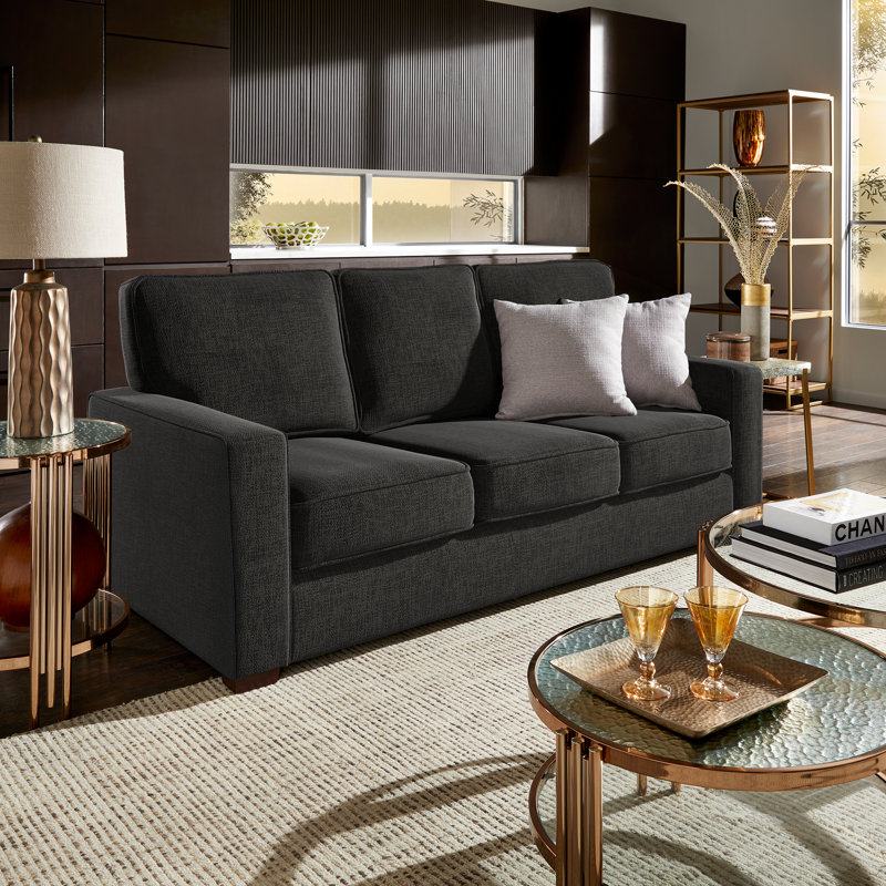 Beaulah Modern Fabric Upholstered Square Arm Sofa, Black Woven