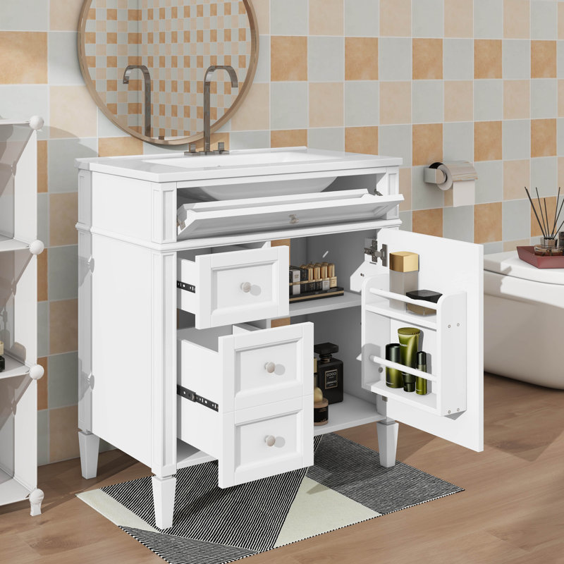 Meuble-lavabo contemporain de 30 po avec 2 tiroirs et 1 tiroir basculant, Argent argent, Blanc
