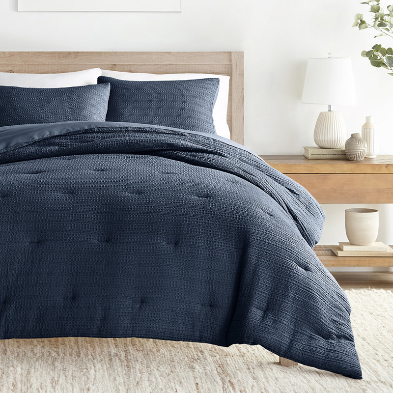 Ensemble d'édredon texturé 3 pièces Waffle, Marine, Édredon pour lit simple + 1 taie décorative stan