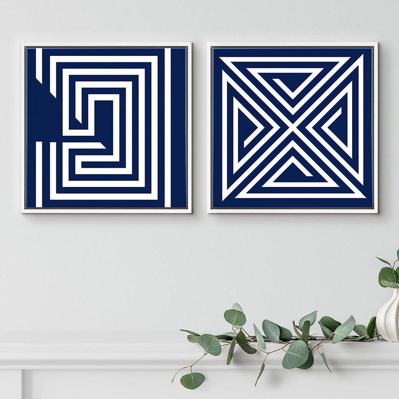 Reproduction de labyrinthe géométrique bleu et orange sur toile, 2 pièces, H 16 po x l 32 po x P 1,5 po, Blanc