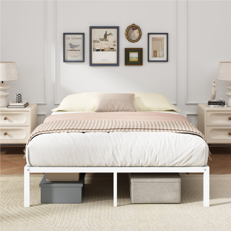 Metal Platform Bed Frame, White, Queen