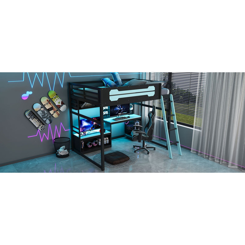 Lit mezzanine compact en bois moderne avec rangement, noir et bleu