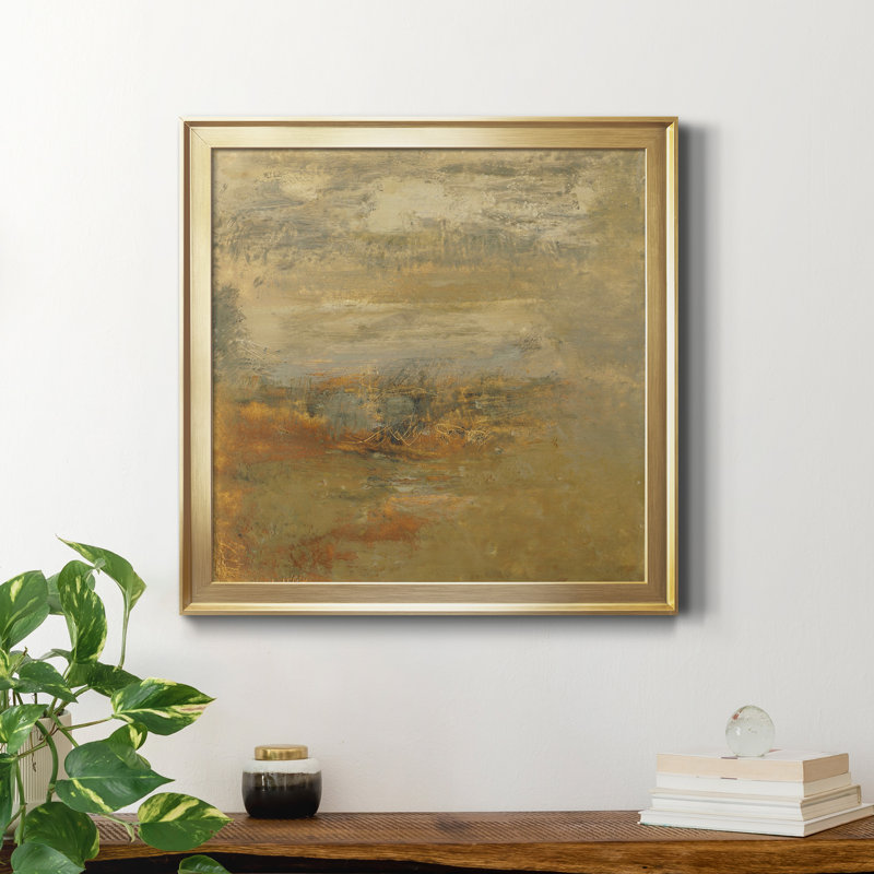 " Encaustic Tile In Orange I ", 34.5" H x 34.5" W x 1.5" D, Gold Framed Canvas, No Mat