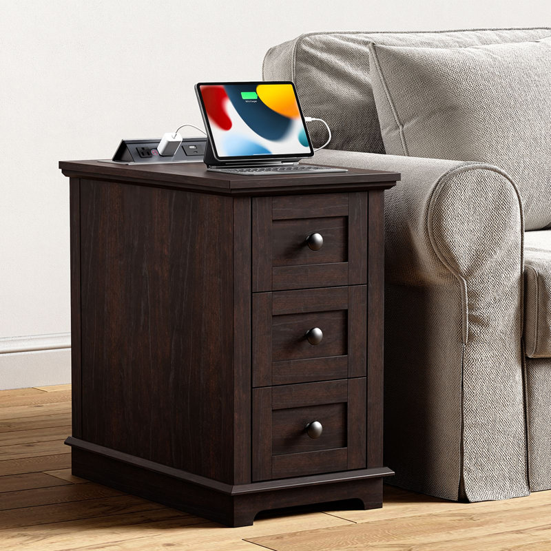 3 Drawers End Tables with Storage and Built-in Outlets for Living Room, Dark Walnut, Dark Walnut