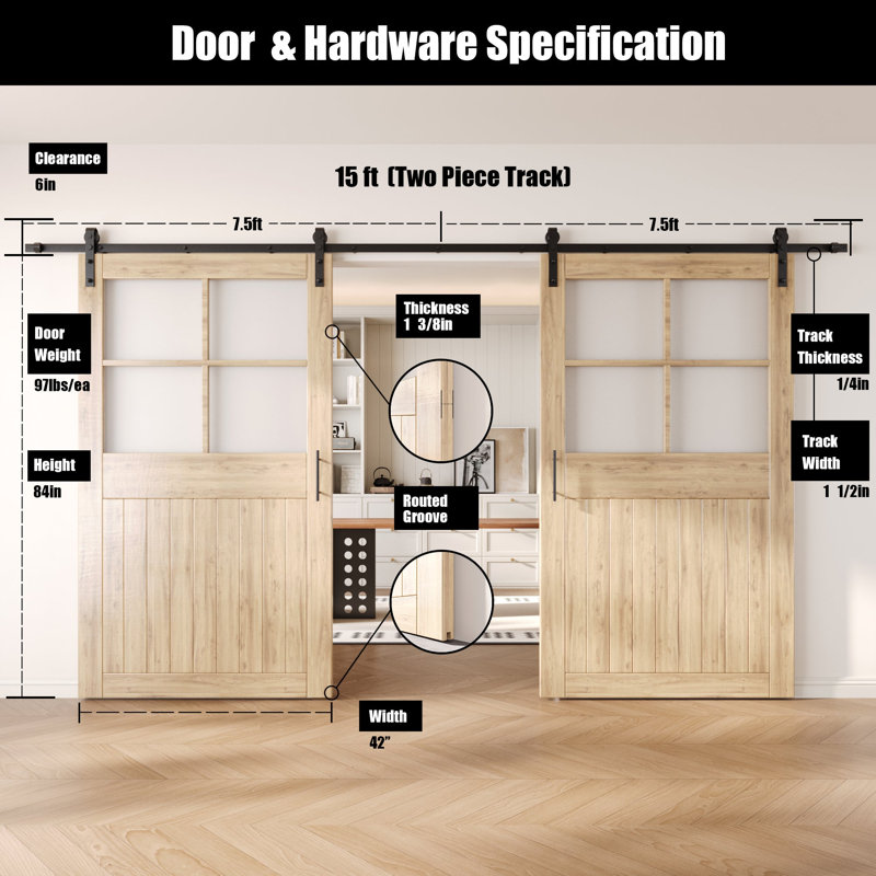Portes de grange en verre givré non assemblées et non finies avec quincaillerie d'installation Bypass double de 42 po x 84 po Homacer