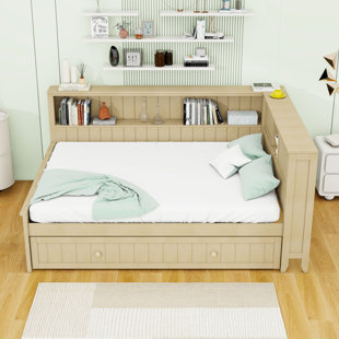 Full Wooden Daybed with Trundle, Shelves and Slats