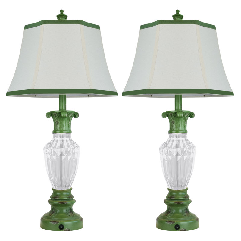 28.5" Farmhouse Table Lamps Set of 2 with USB Ports, 3-Way Color Temperature & Nightlight Base, Green Resin Bedside Lamps