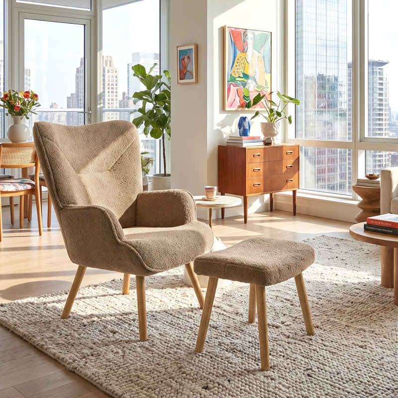 Upholstered With Footstool Armchair, Brown Teddy
