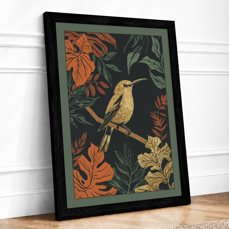 Golden Bird in Foliage Botanical - Framed Print, A1 - 84.1 x 59.4 cm, Black