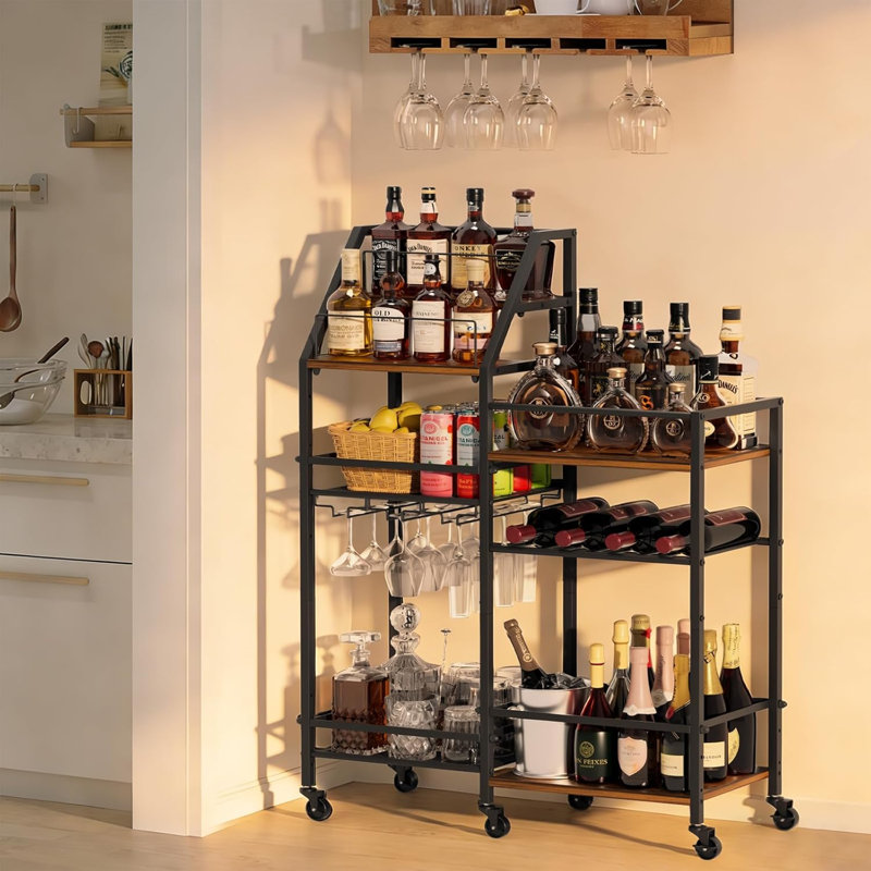 Rolling Bar Cart With Wine Glass Holder, Black & Brown