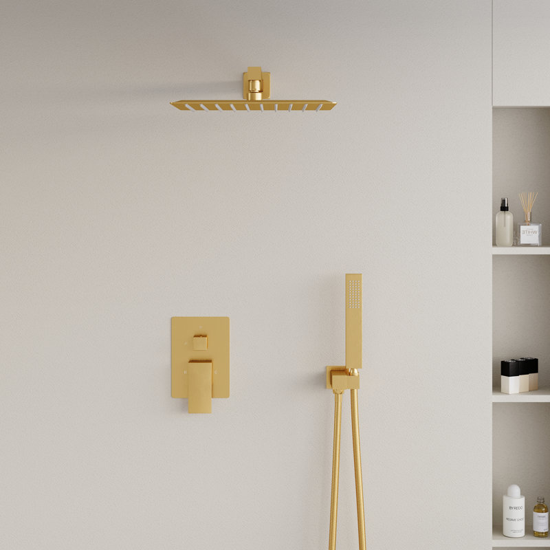 12 po Pomme de douche avec douchette à main et valve à pression équilibrée, or brossé