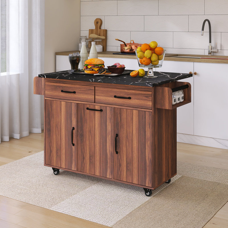 Chariot de cuisine 43,8 po à plateau rabattable avec armoire de rangement pour poubelle, porte-épices et porte-serviettes