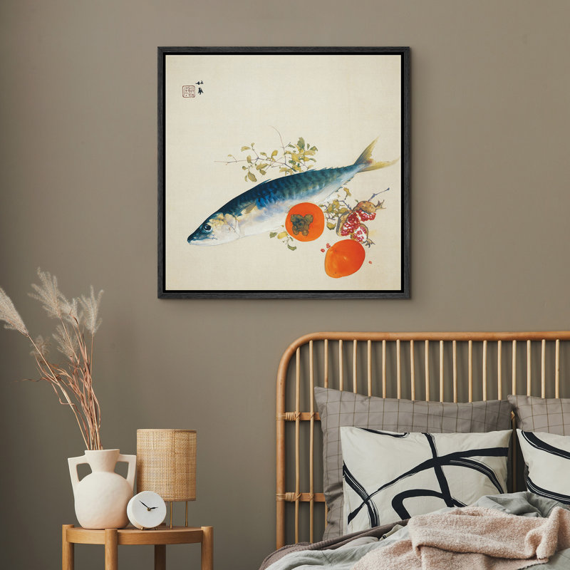 Œuvre japonaise, persimmon, art japonais, H 24 po x l 24 po x P 1,5 po, Cadre flottant noir