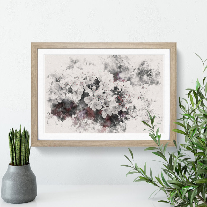 Winters Bloom Flowers Watercolour - Framed Print, 62cm H x 87cm W x 2cm D, Oak