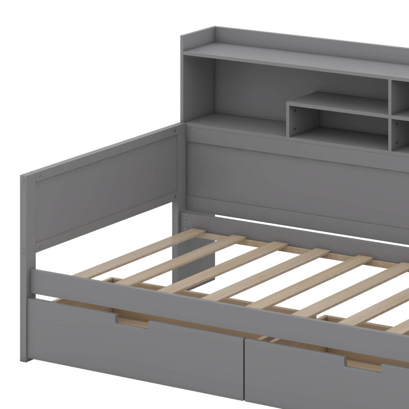 Lit de jour en bois avec tablettes de rangement, lit multifonctionnel avec deux tiroirs de rangement et bureau d'étude