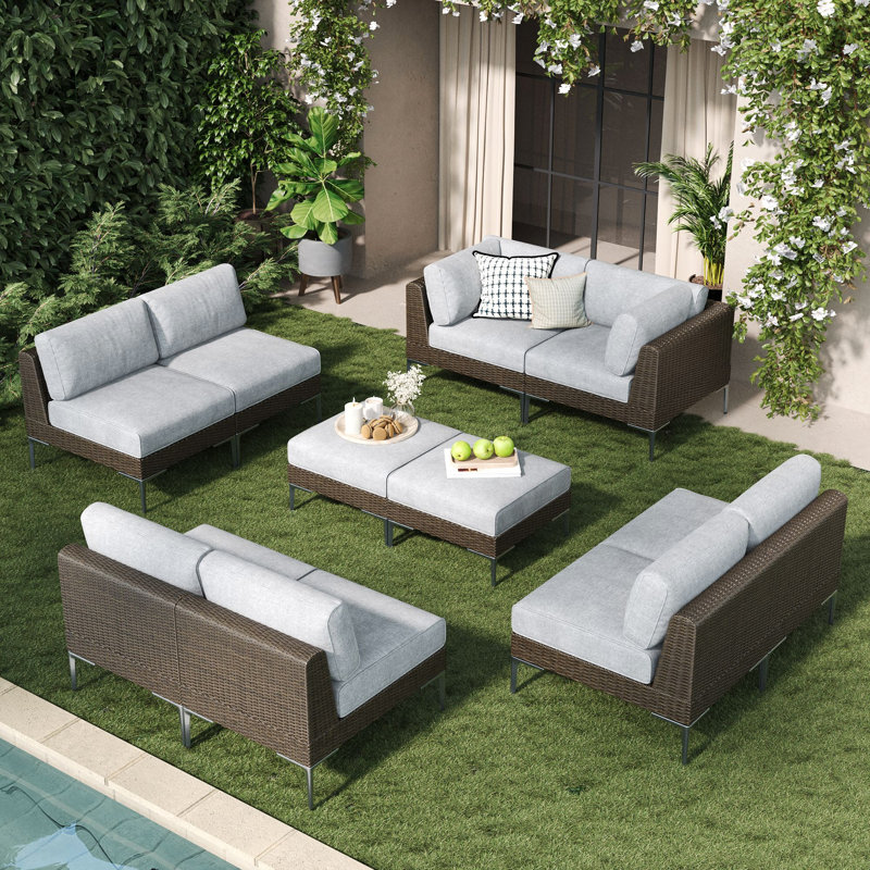 Layinsun 10-piece Wicker Rattan Patio Furniture Set, Deep Seating Outdoor Modular Sectional Sofa Conversation Set With Thick Cushions For Lawn, Garden