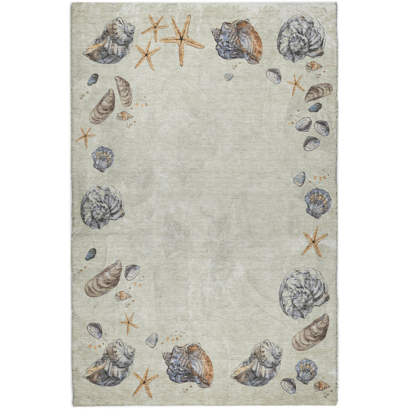 Premium Machine Washable Dream Shag ADS188 Shell Border Rug, Oyster, 10' x 14'
